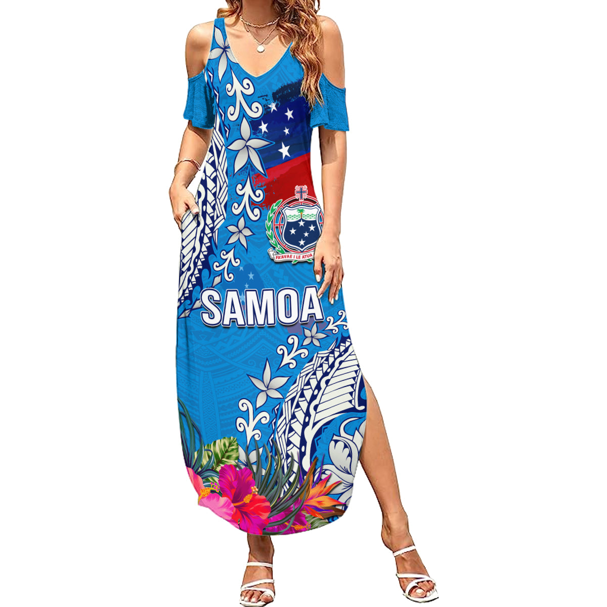 Personalised Samoa Coat Of Arms Summer Maxi Dress Tropical Flower Blue Polynesian Pattern LT03 Women Blue - Polynesian Pride