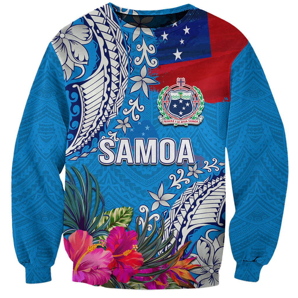 Personalised Samoa Coat Of Arms Sweatshirt Tropical Flower Blue Polynesian Pattern LT03 Unisex Blue - Polynesian Pride