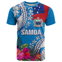Personalised Samoa Coat Of Arms T Shirt Tropical Flower Blue Polynesian Pattern LT03 Blue - Polynesian Pride