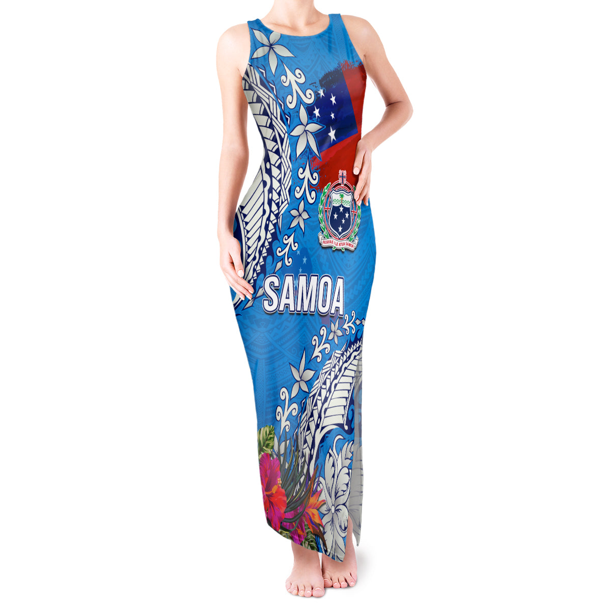 Personalised Samoa Coat Of Arms Tank Maxi Dress Tropical Flower Blue Polynesian Pattern LT03 Women Blue - Polynesian Pride