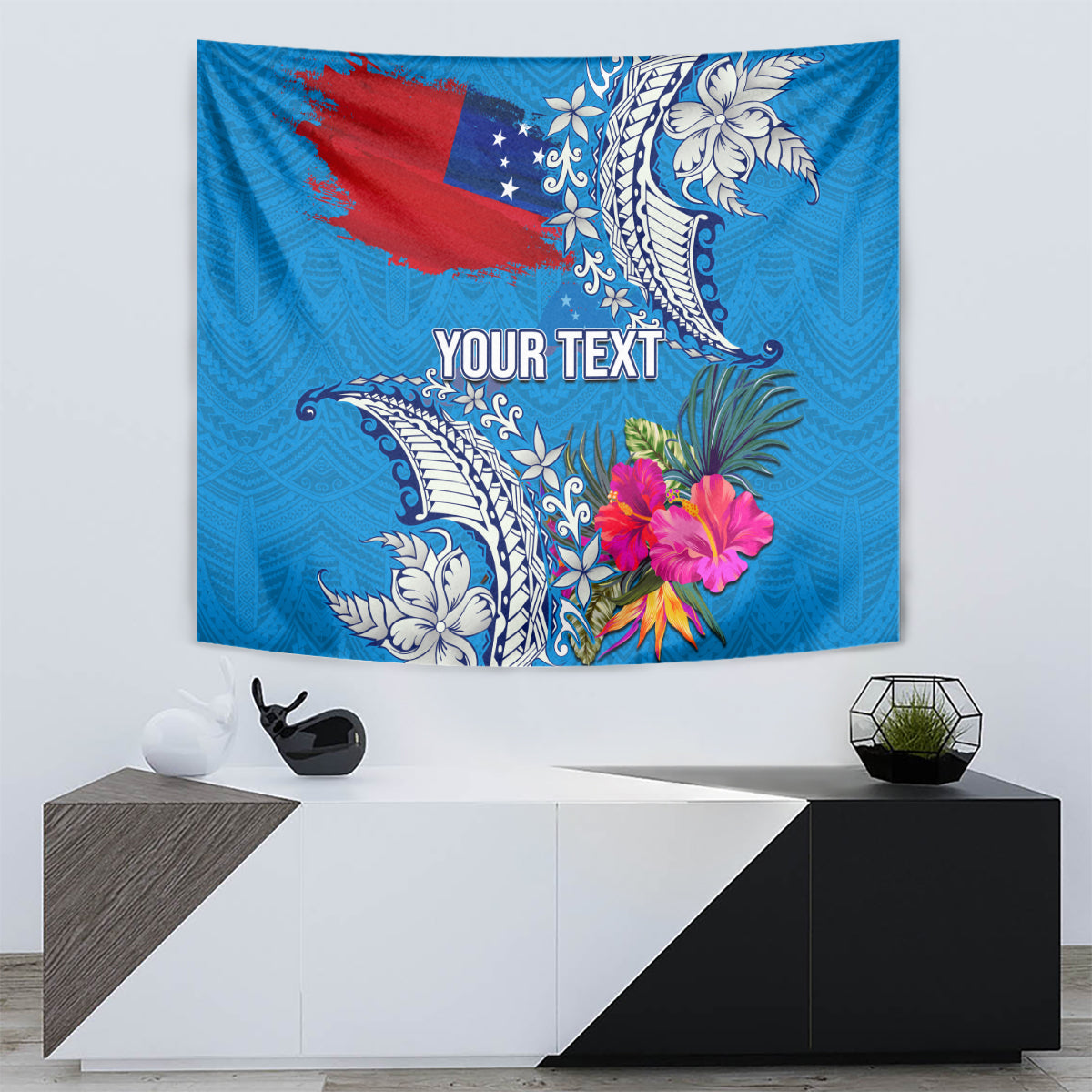 Personalised Samoa Coat Of Arms Tapestry Tropical Flower Blue Polynesian Pattern LT03 - Polynesian Pride