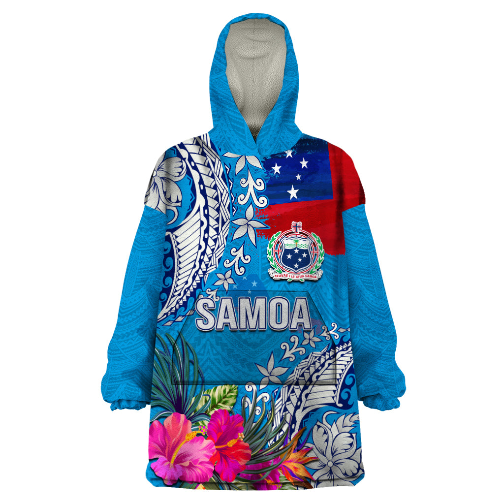 Personalised Samoa Coat Of Arms Wearable Blanket Hoodie Tropical Flower Blue Polynesian Pattern LT03 One Size Blue - Polynesian Pride