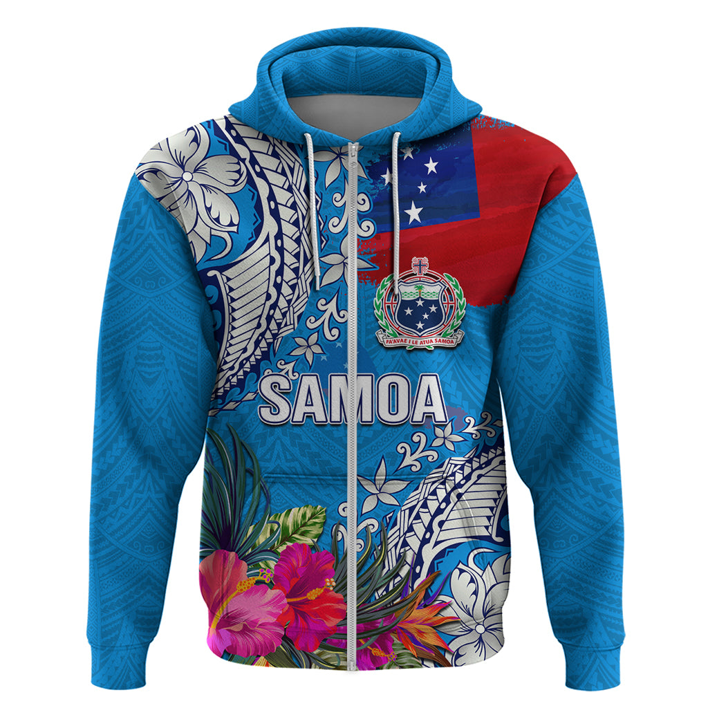 Personalised Samoa Coat Of Arms Zip Hoodie Tropical Flower Blue Polynesian Pattern LT03 Zip Hoodie Blue - Polynesian Pride