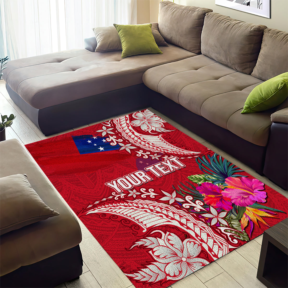 Personalised Samoa Coat Of Arms Area Rug Tropical Flower Red Polynesian Pattern LT03 - Polynesian Pride