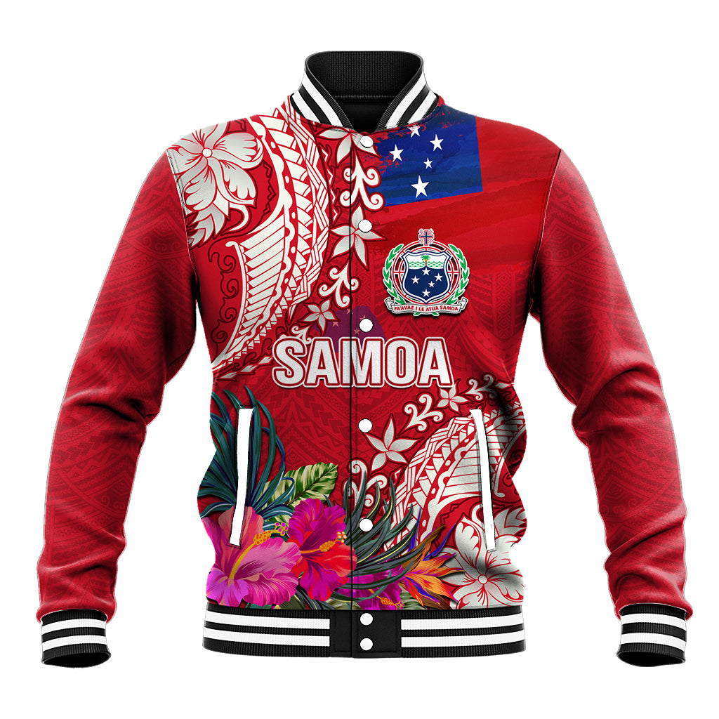 Personalised Samoa Coat Of Arms Baseball Jacket Tropical Flower Red Polynesian Pattern LT03 Unisex Red - Polynesian Pride