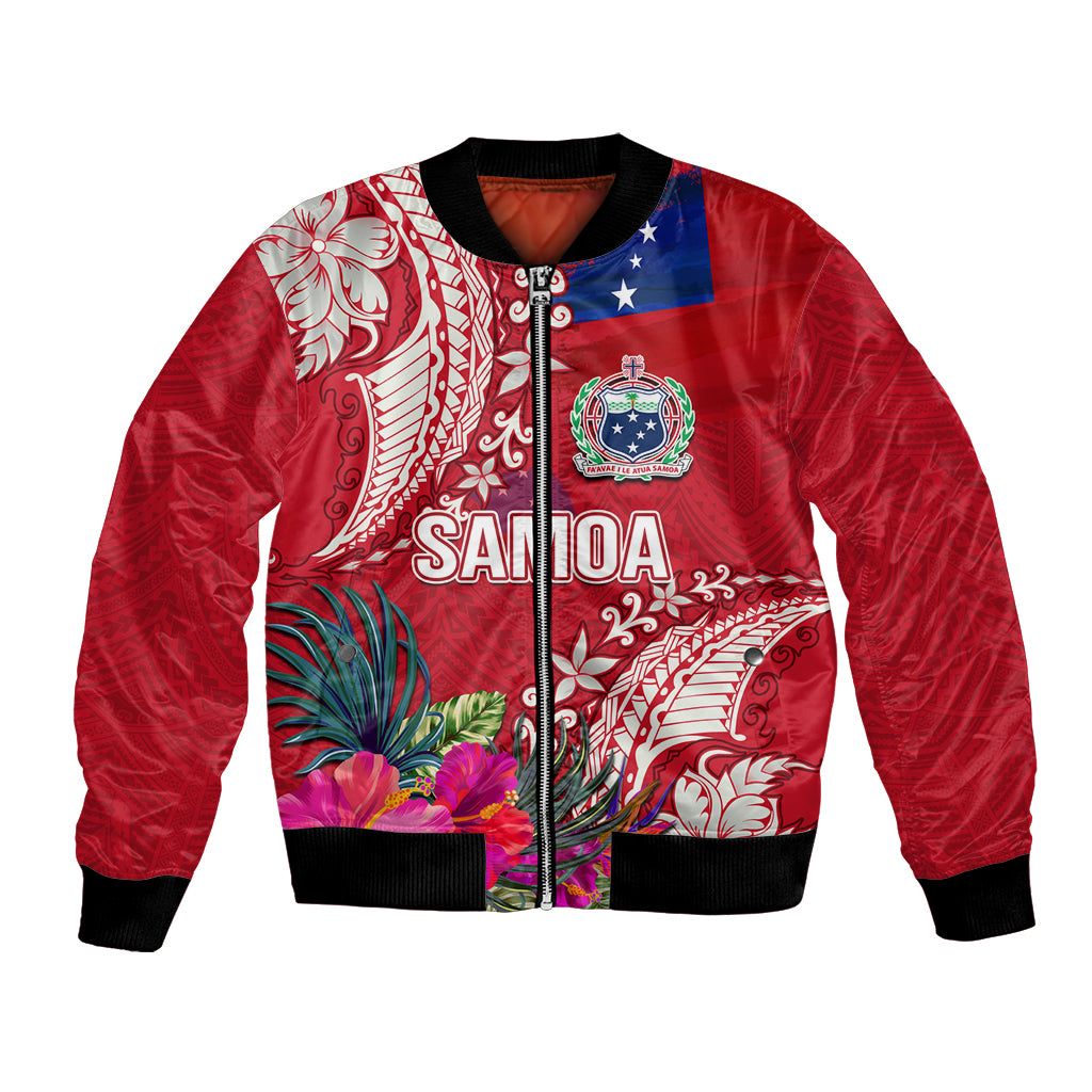 Personalised Samoa Coat Of Arms Bomber Jacket Tropical Flower Red Polynesian Pattern LT03 Unisex Red - Polynesian Pride