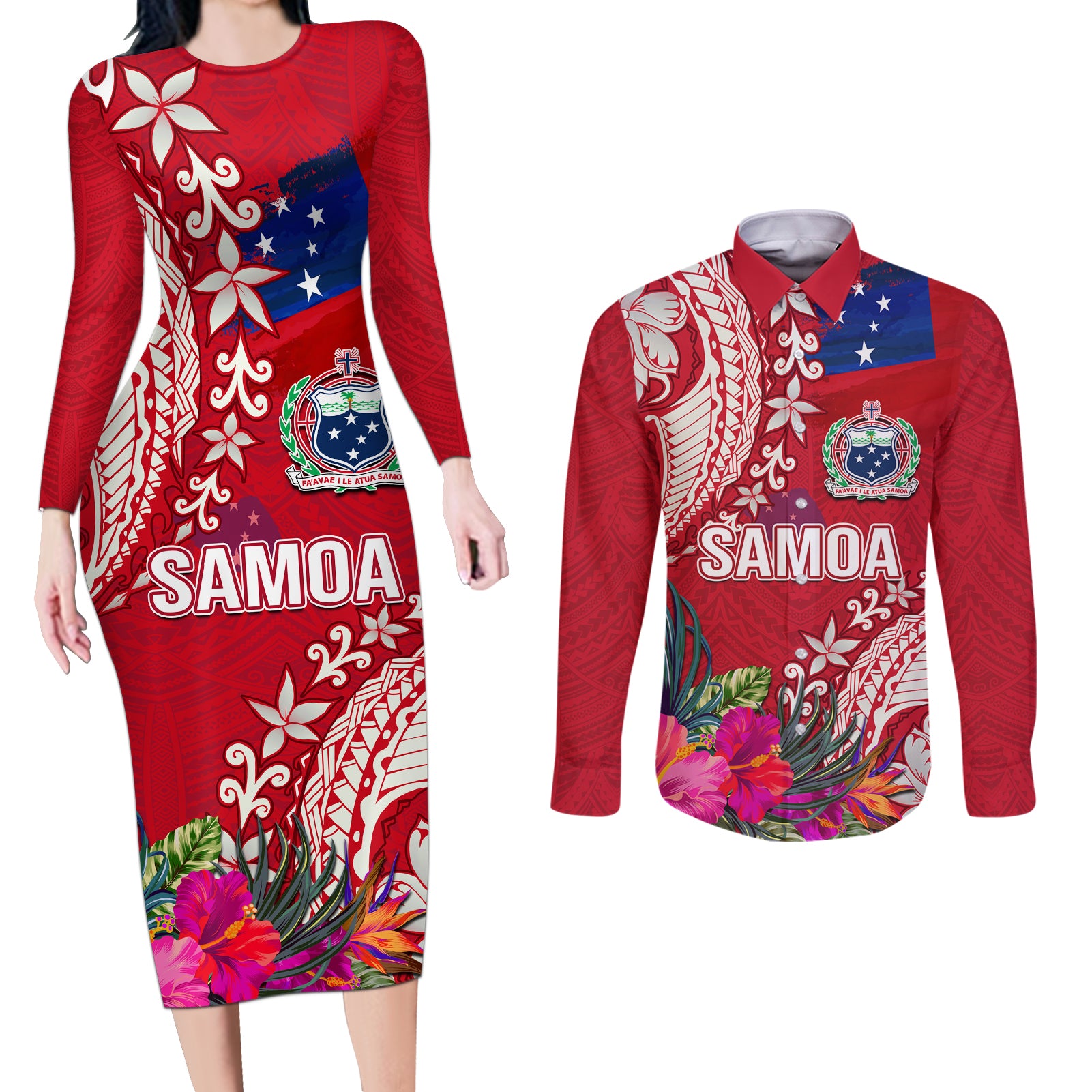 Personalised Samoa Coat Of Arms Couples Matching Long Sleeve Bodycon Dress and Long Sleeve Button Shirt Tropical Flower Red Polynesian Pattern LT03 Red - Polynesian Pride