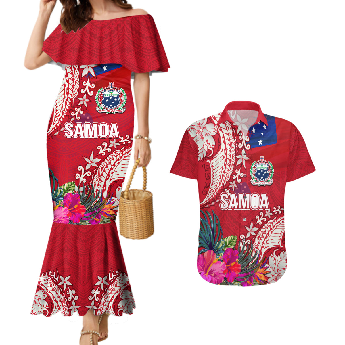 Personalised Samoa Coat Of Arms Couples Matching Mermaid Dress and Hawaiian Shirt Tropical Flower Red Polynesian Pattern LT03 Red - Polynesian Pride