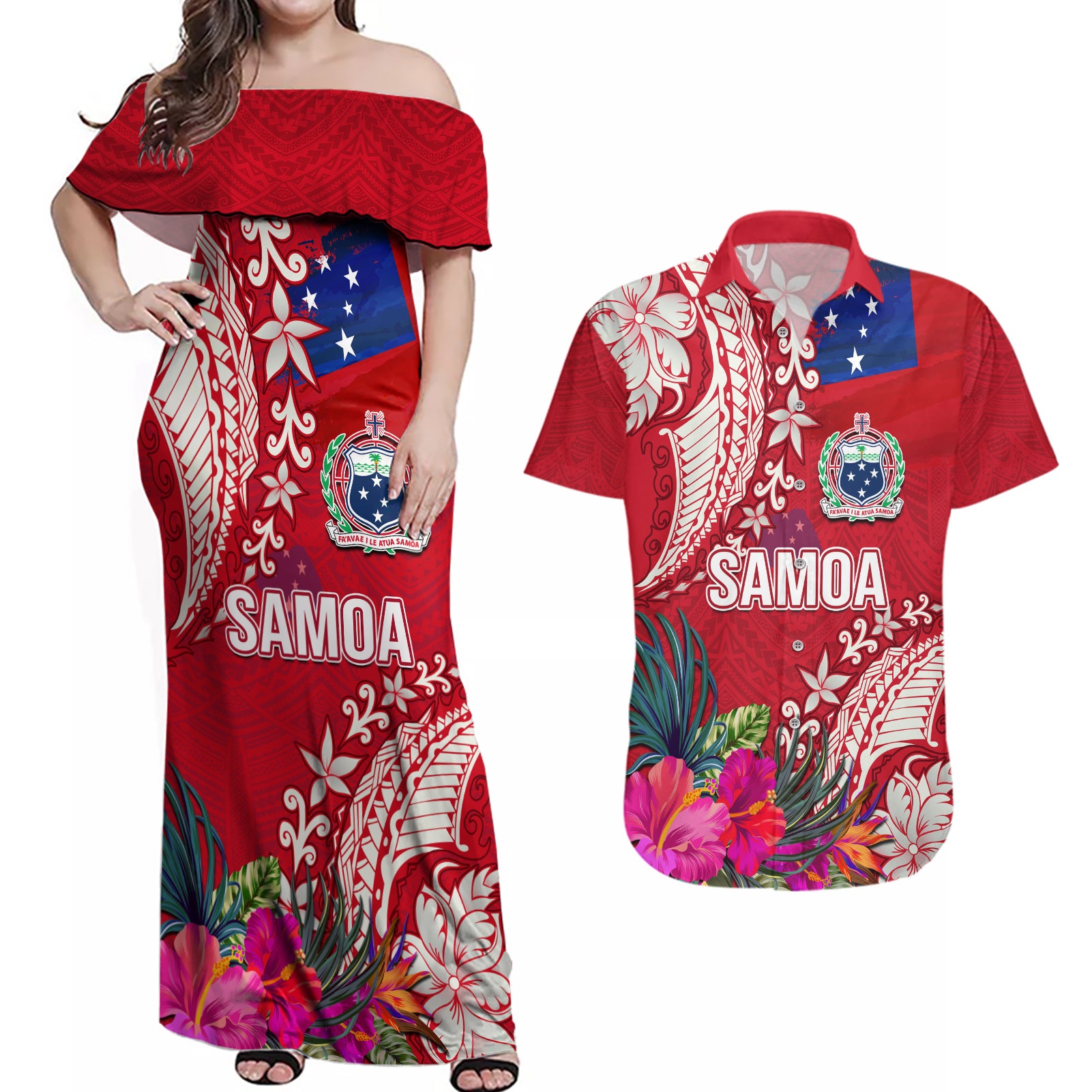 Personalised Samoa Coat Of Arms Couples Matching Off Shoulder Maxi Dress and Hawaiian Shirt Tropical Flower Red Polynesian Pattern LT03 Red - Polynesian Pride