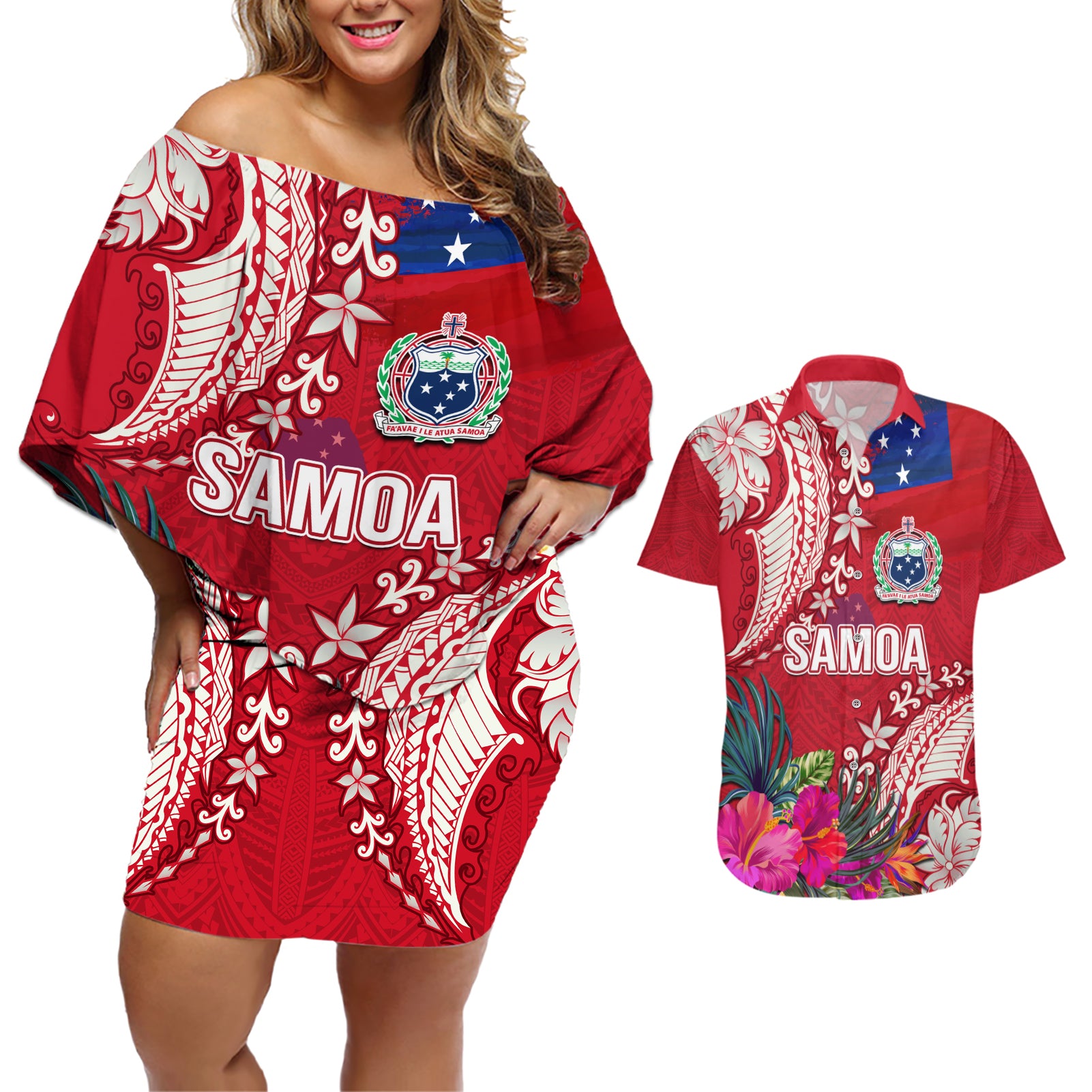 Personalised Samoa Coat Of Arms Couples Matching Off Shoulder Short Dress and Hawaiian Shirt Tropical Flower Red Polynesian Pattern LT03 Red - Polynesian Pride