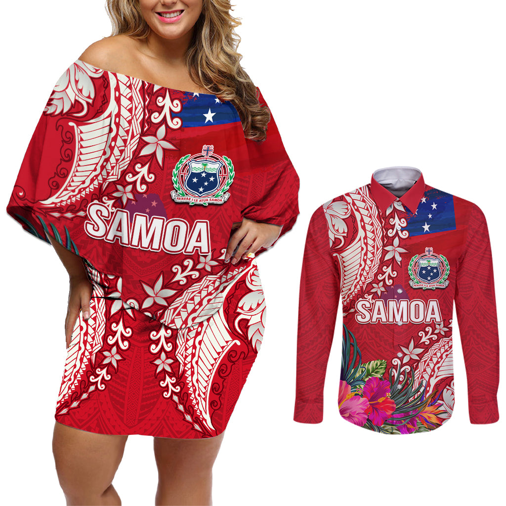 Personalised Samoa Coat Of Arms Couples Matching Off Shoulder Short Dress and Long Sleeve Button Shirt Tropical Flower Red Polynesian Pattern LT03 Red - Polynesian Pride