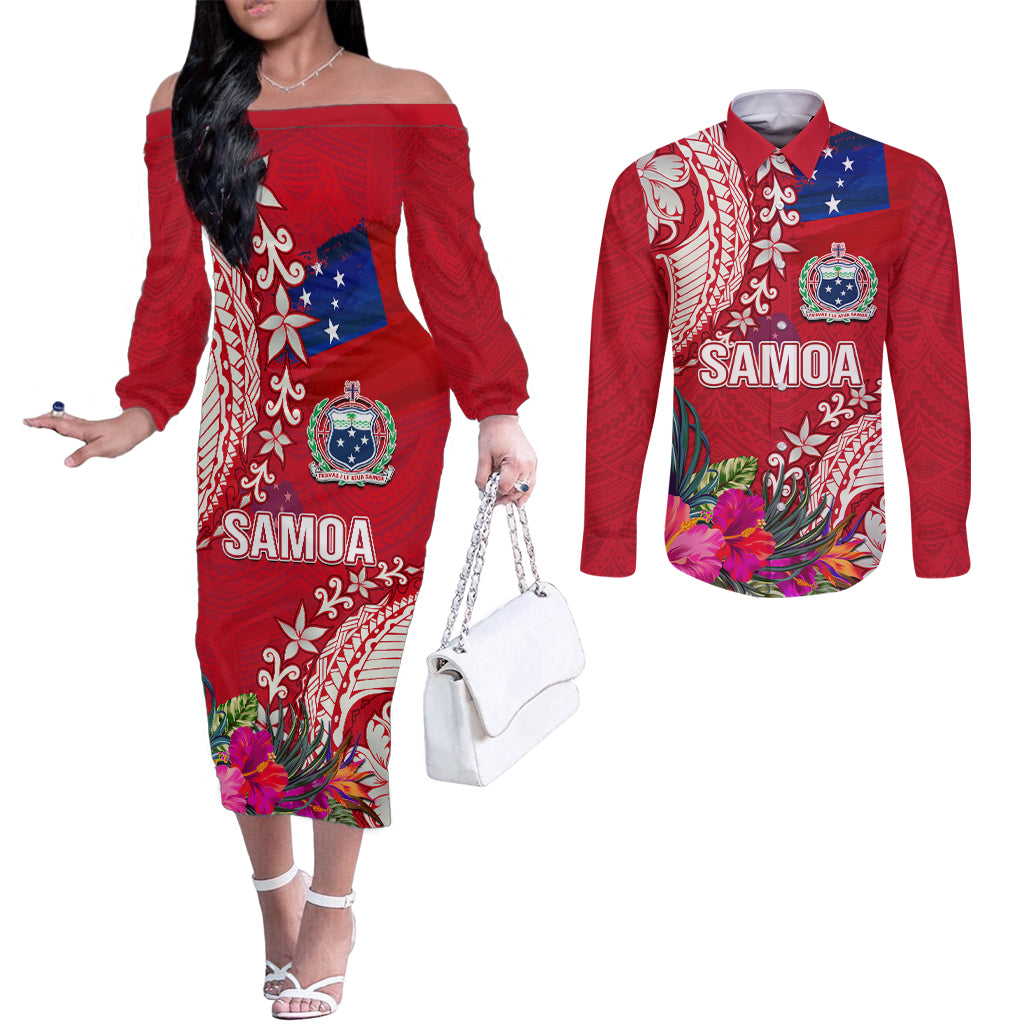 Personalised Samoa Coat Of Arms Couples Matching Off The Shoulder Long Sleeve Dress and Long Sleeve Button Shirt Tropical Flower Red Polynesian Pattern LT03 Red - Polynesian Pride