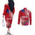 Personalised Samoa Coat Of Arms Couples Matching Off The Shoulder Long Sleeve Dress and Long Sleeve Button Shirt Tropical Flower Red Polynesian Pattern LT03 - Polynesian Pride