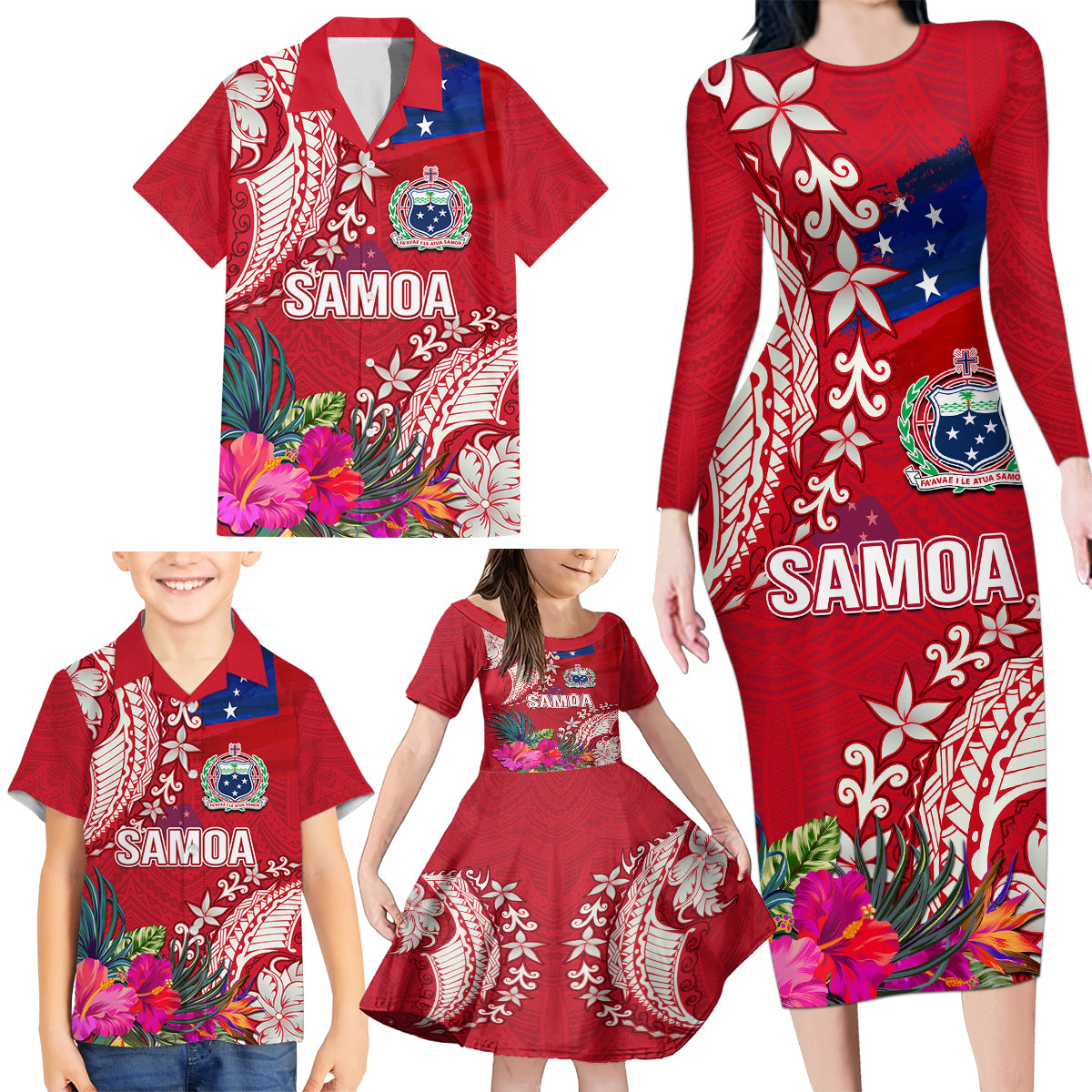 Personalised Samoa Coat Of Arms Family Matching Long Sleeve Bodycon Dress and Hawaiian Shirt Tropical Flower Red Polynesian Pattern LT03 - Polynesian Pride