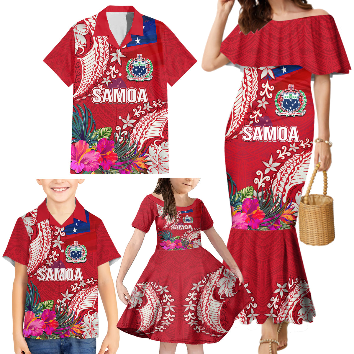 Personalised Samoa Coat Of Arms Family Matching Mermaid Dress and Hawaiian Shirt Tropical Flower Red Polynesian Pattern LT03 - Polynesian Pride