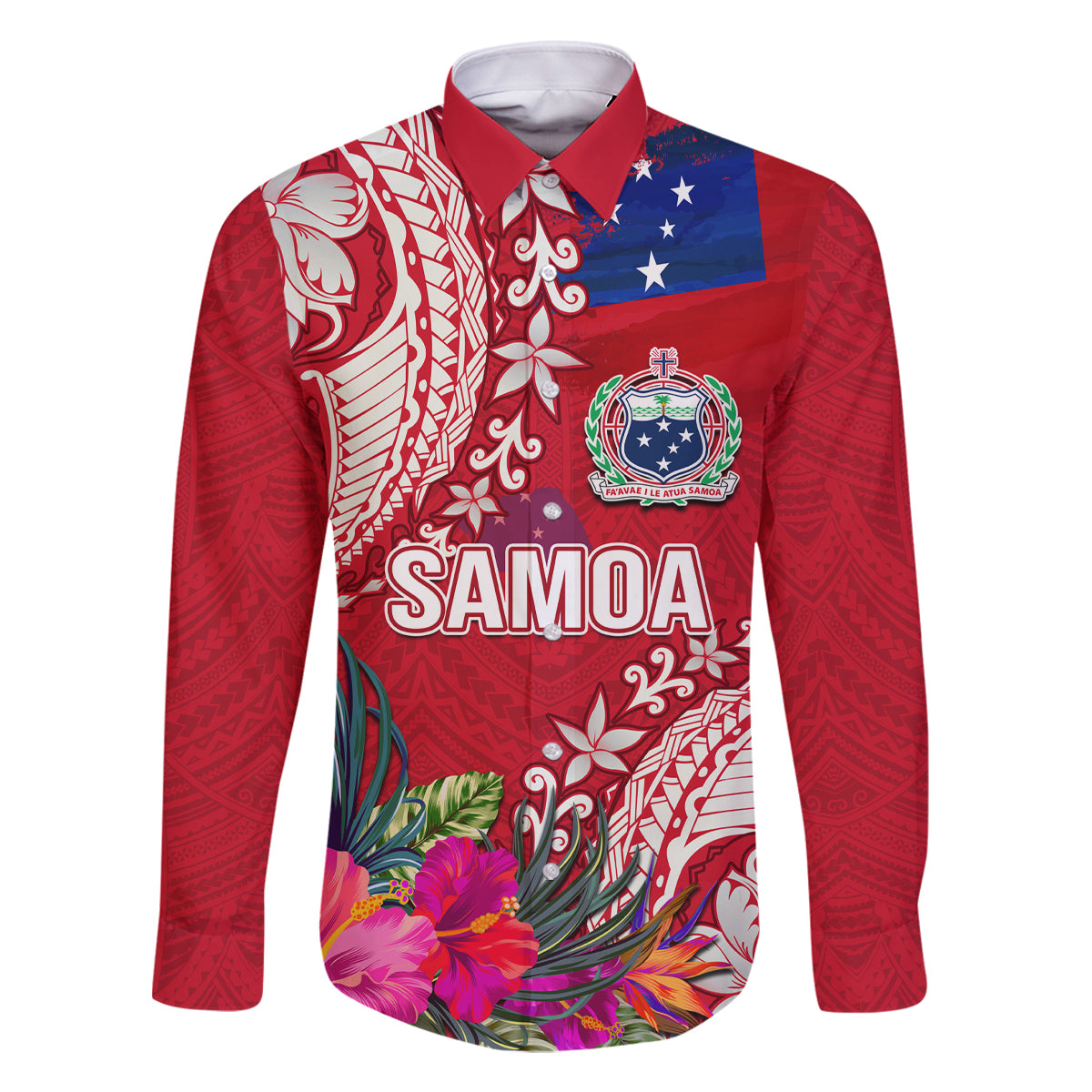 Personalised Samoa Coat Of Arms Family Matching Off Shoulder Maxi Dress and Hawaiian Shirt Tropical Flower Red Polynesian Pattern LT03 Dad's Shirt - Long Sleeve Red - Polynesian Pride