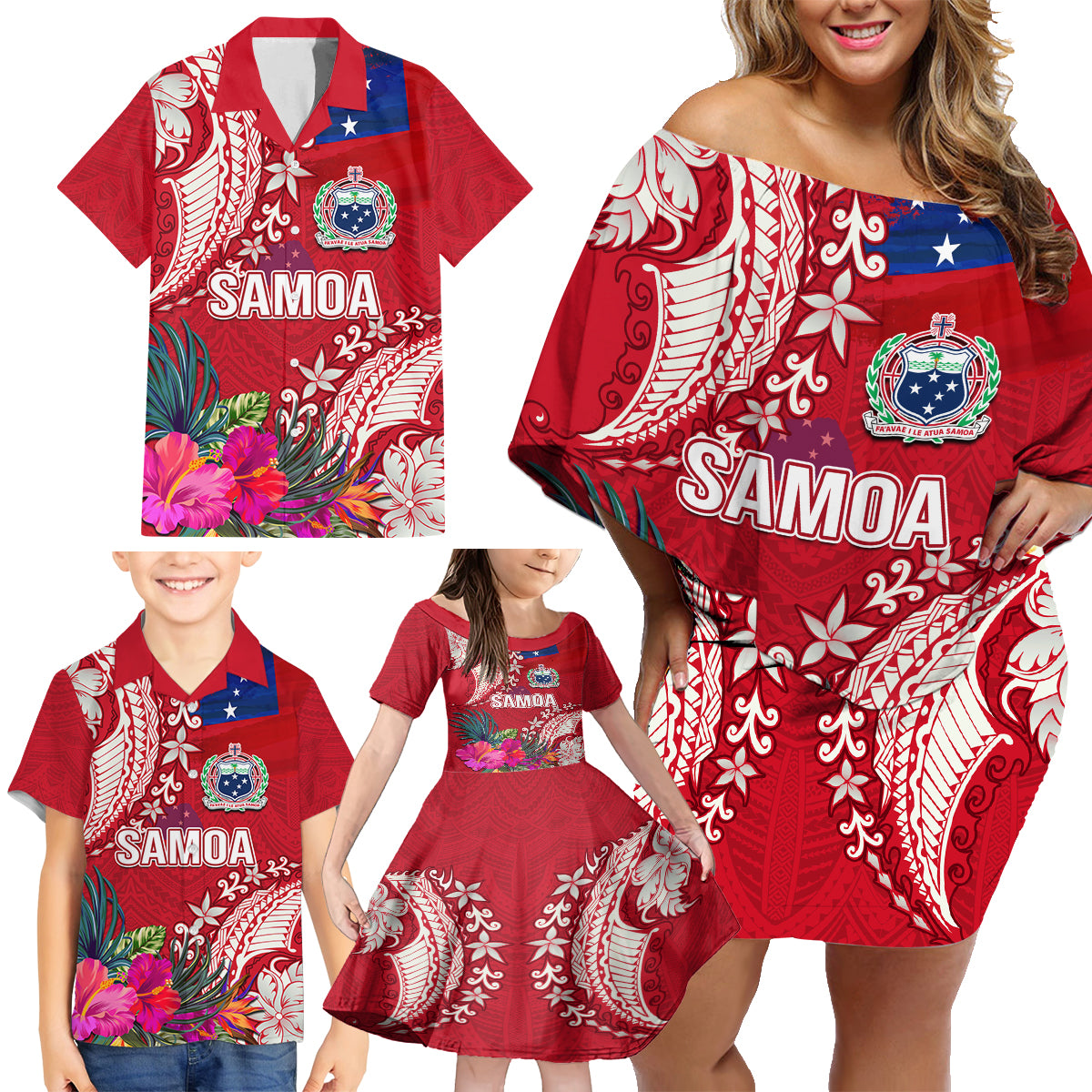 Personalised Samoa Coat Of Arms Family Matching Off Shoulder Short Dress and Hawaiian Shirt Tropical Flower Red Polynesian Pattern LT03 - Polynesian Pride