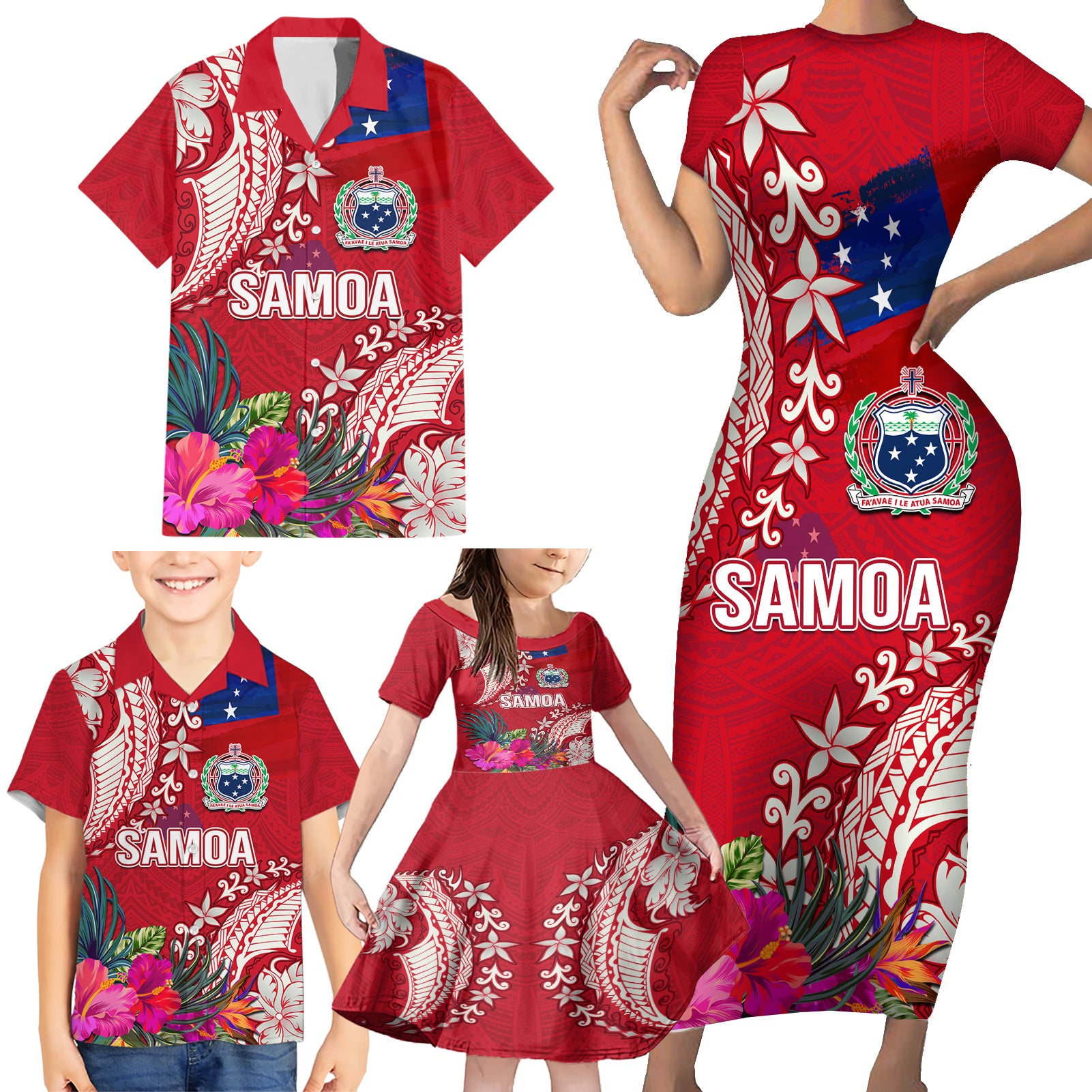 Personalised Samoa Coat Of Arms Family Matching Short Sleeve Bodycon Dress and Hawaiian Shirt Tropical Flower Red Polynesian Pattern LT03 - Polynesian Pride