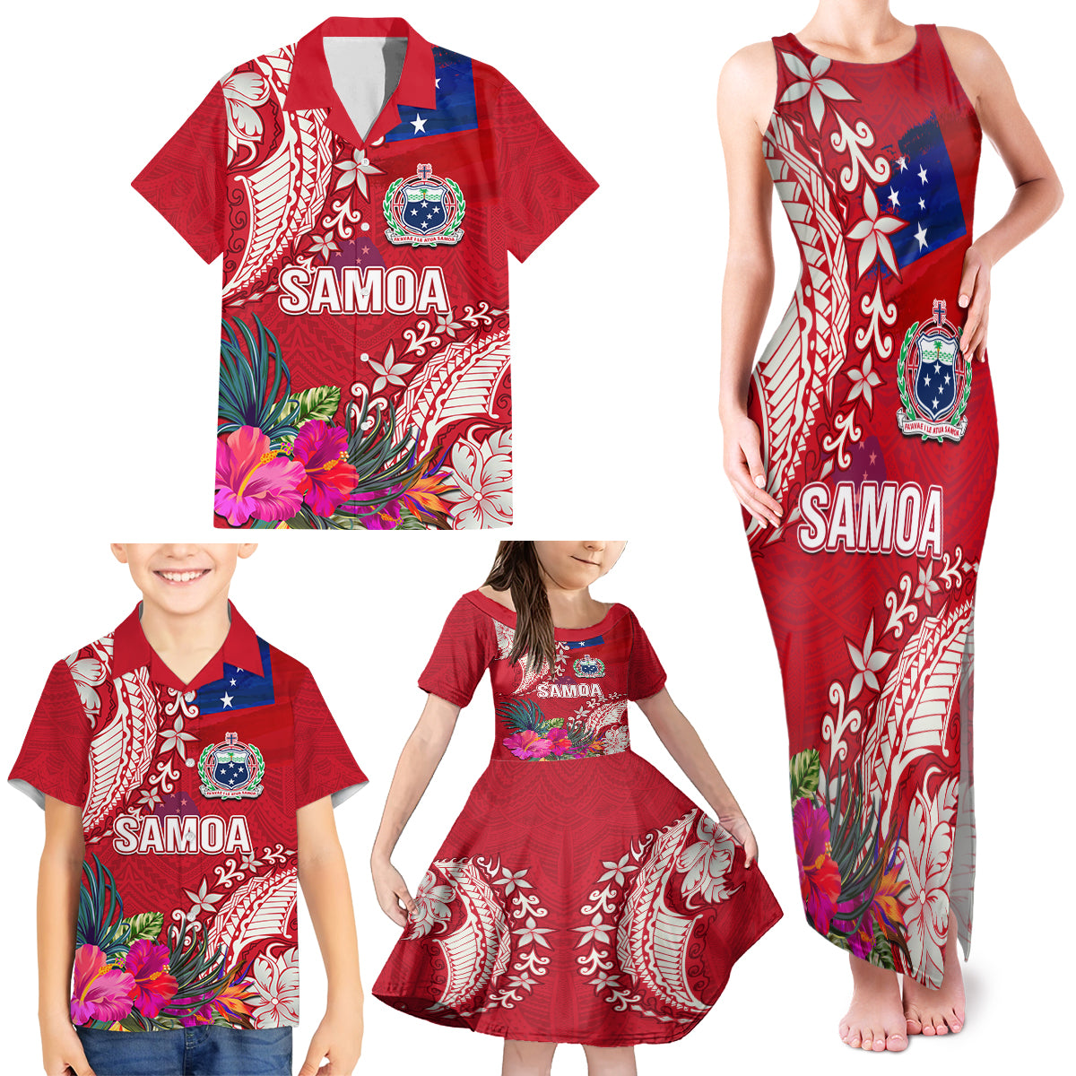 Personalised Samoa Coat Of Arms Family Matching Tank Maxi Dress and Hawaiian Shirt Tropical Flower Red Polynesian Pattern LT03 - Polynesian Pride