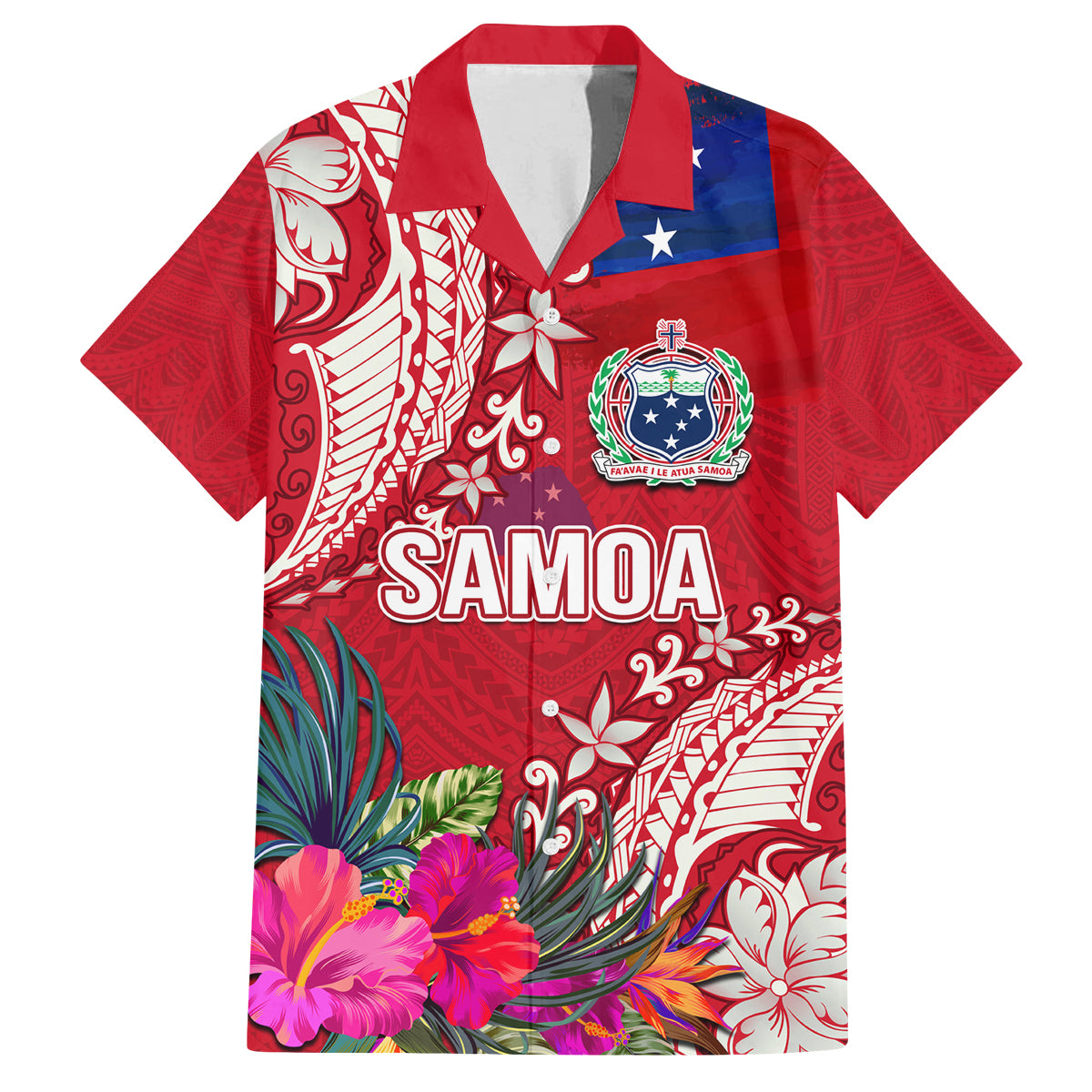 Personalised Samoa Coat Of Arms Family Matching Tank Maxi Dress and Hawaiian Shirt Tropical Flower Red Polynesian Pattern LT03 Dad's Shirt - Short Sleeve Red - Polynesian Pride