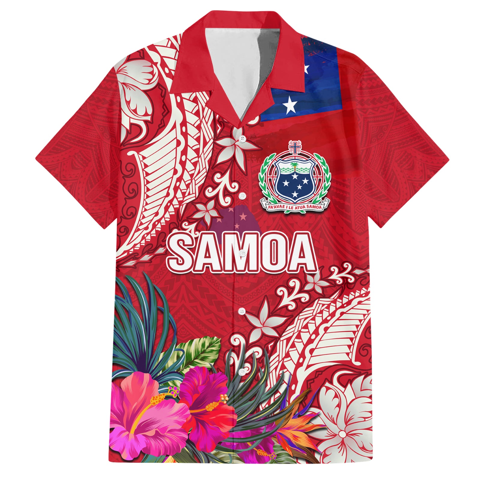 Personalised Samoa Coat Of Arms Hawaiian Shirt Tropical Flower Red Polynesian Pattern LT03 Red - Polynesian Pride