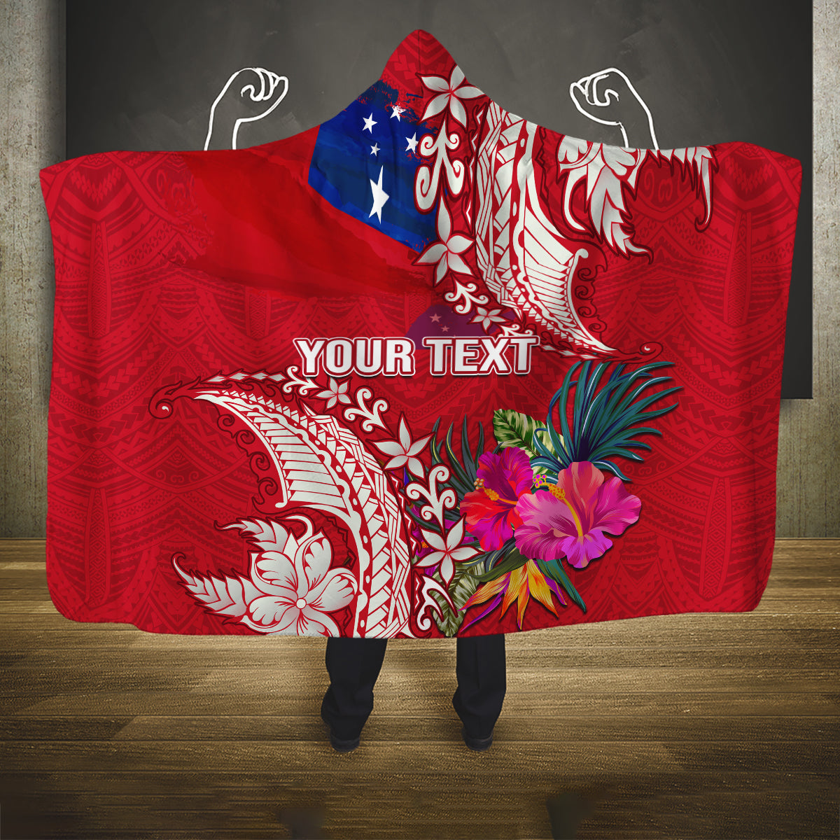 Personalised Samoa Coat Of Arms Hooded Blanket Tropical Flower Red Polynesian Pattern LT03 One Size Red - Polynesian Pride