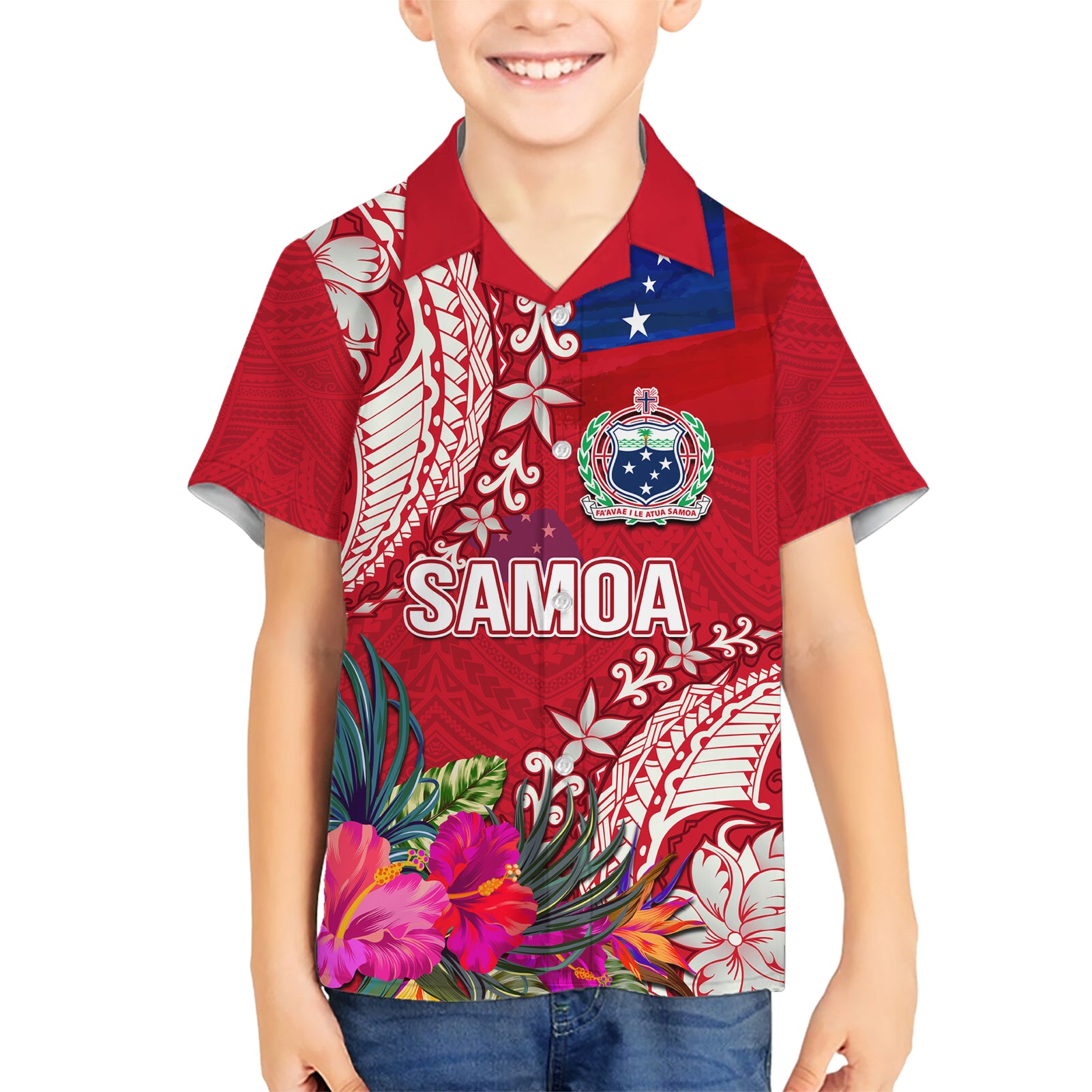 Personalised Samoa Coat Of Arms Kid Hawaiian Shirt Tropical Flower Red Polynesian Pattern LT03 Kid Red - Polynesian Pride