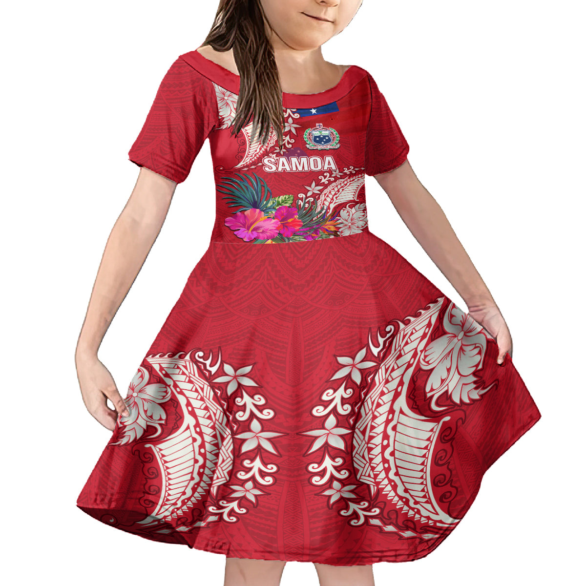 Personalised Samoa Coat Of Arms Kid Short Sleeve Dress Tropical Flower Red Polynesian Pattern LT03 KID Red - Polynesian Pride