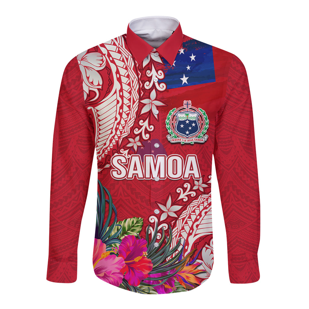 Personalised Samoa Coat Of Arms Long Sleeve Button Shirt Tropical Flower Red Polynesian Pattern LT03 Unisex Red - Polynesian Pride