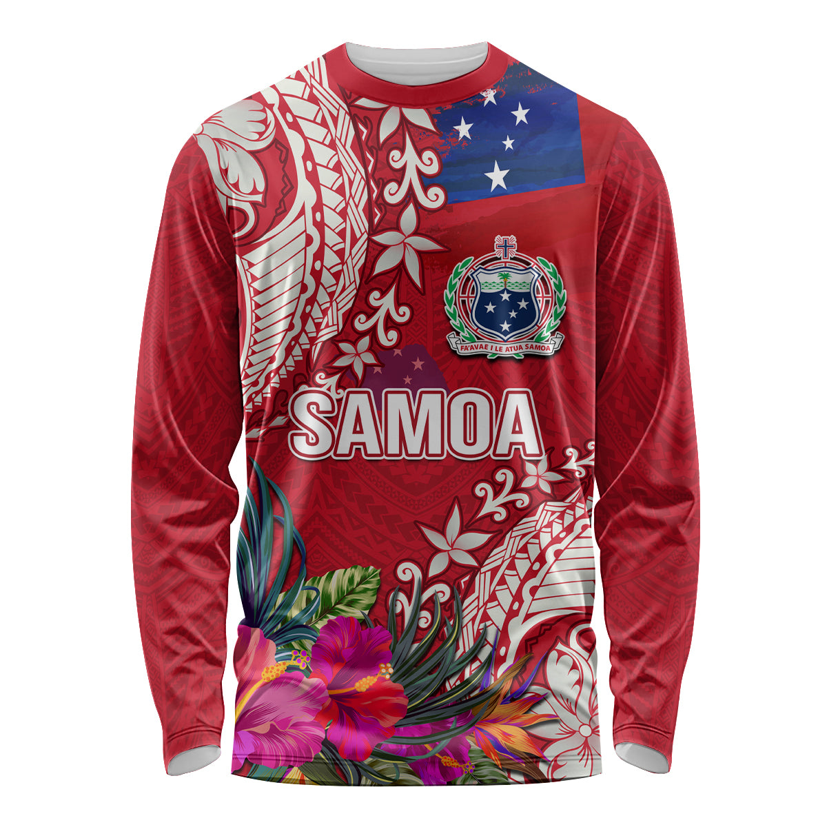 Personalised Samoa Coat Of Arms Long Sleeve Shirt Tropical Flower Red Polynesian Pattern LT03 Unisex Red - Polynesian Pride