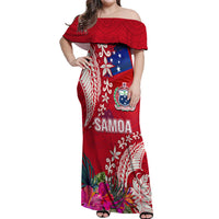 Personalised Samoa Coat Of Arms Off Shoulder Maxi Dress Tropical Flower Red Polynesian Pattern LT03 Women Red - Polynesian Pride