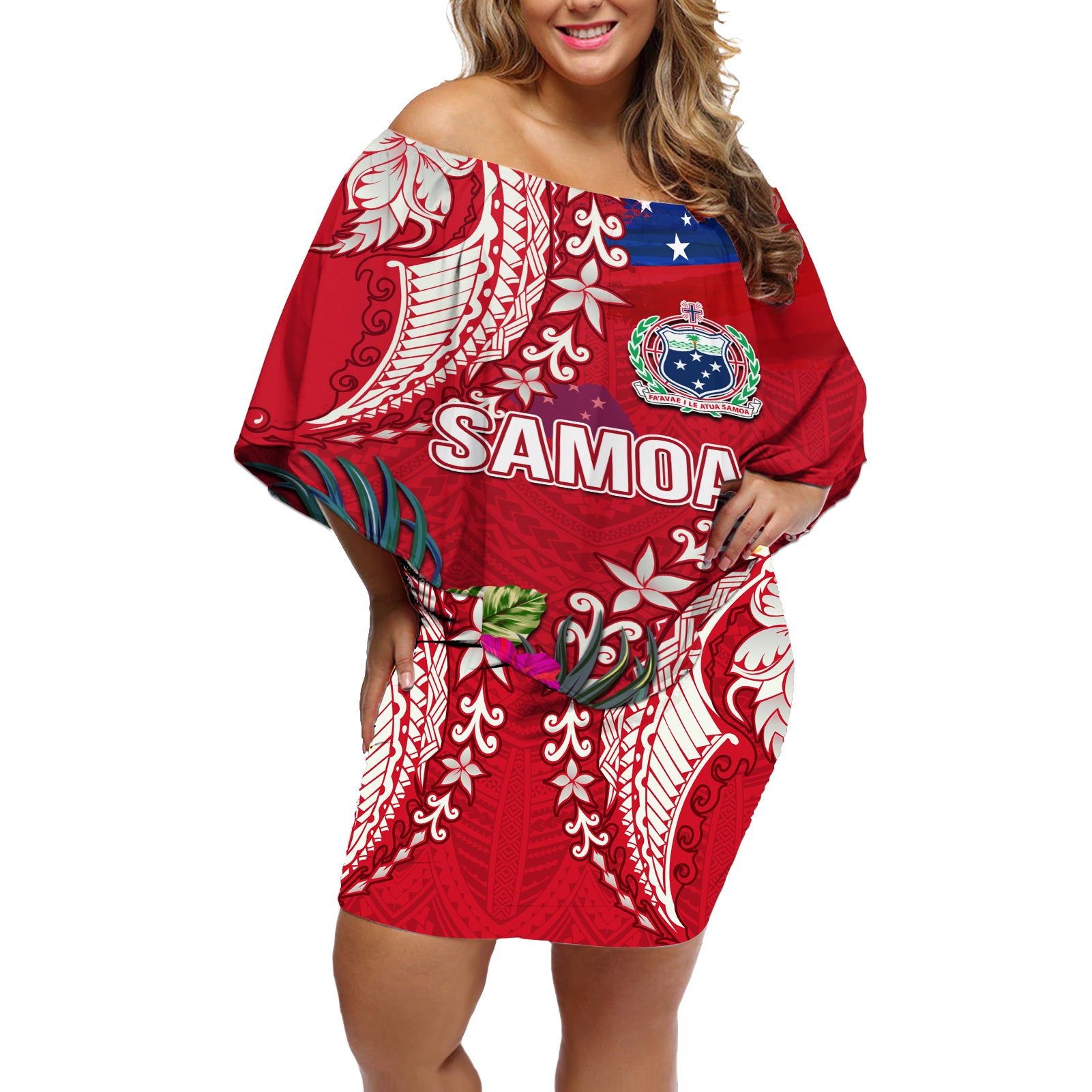 Personalised Samoa Coat Of Arms Off Shoulder Short Dress Tropical Flower Red Polynesian Pattern LT03 Women Red - Polynesian Pride