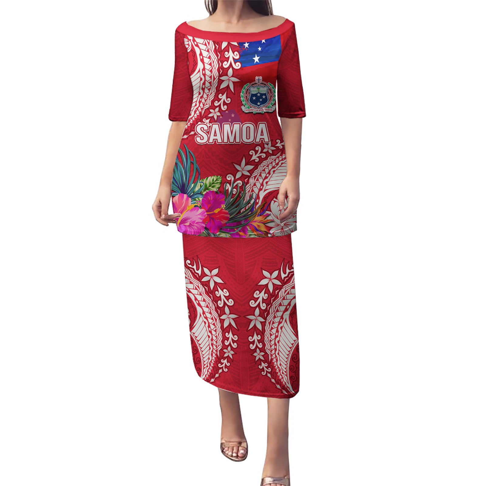 Personalised Samoa Coat Of Arms Puletasi Tropical Flower Red Polynesian Pattern LT03 Long Dress Red - Polynesian Pride