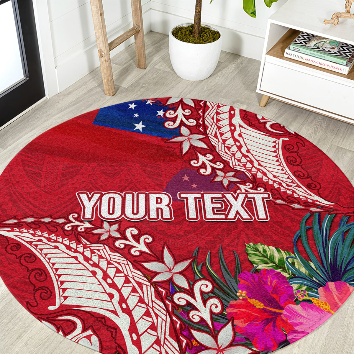 Personalised Samoa Coat Of Arms Round Carpet Tropical Flower Red Polynesian Pattern LT03 Red - Polynesian Pride