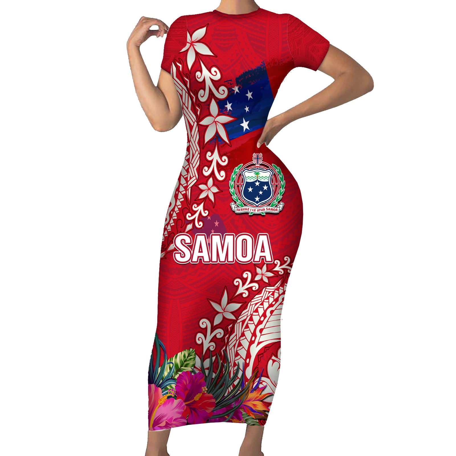 Personalised Samoa Coat Of Arms Short Sleeve Bodycon Dress Tropical Flower Red Polynesian Pattern LT03 Long Dress Red - Polynesian Pride