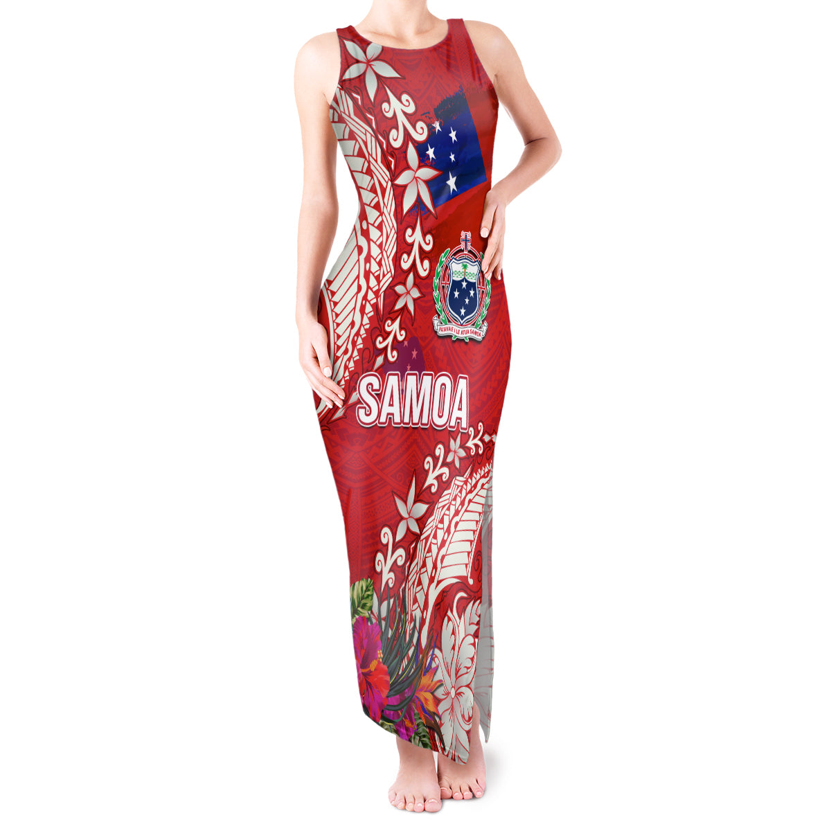 Personalised Samoa Coat Of Arms Tank Maxi Dress Tropical Flower Red Polynesian Pattern LT03 Women Red - Polynesian Pride