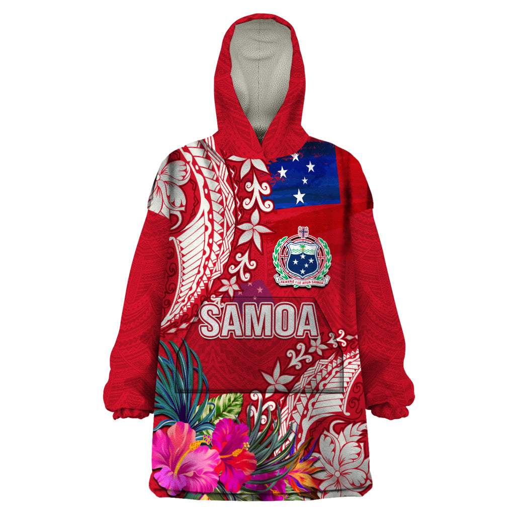 Personalised Samoa Coat Of Arms Wearable Blanket Hoodie Tropical Flower Red Polynesian Pattern LT03 One Size Red - Polynesian Pride