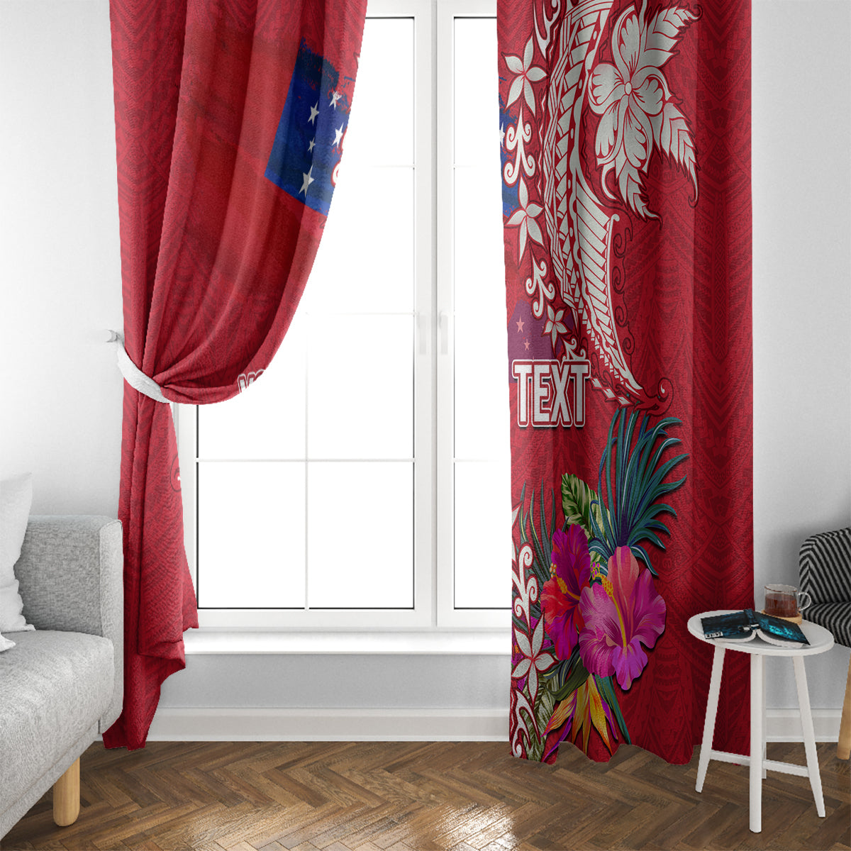 Personalised Samoa Coat Of Arms Window Curtain Tropical Flower Red Polynesian Pattern LT03 - Polynesian Pride