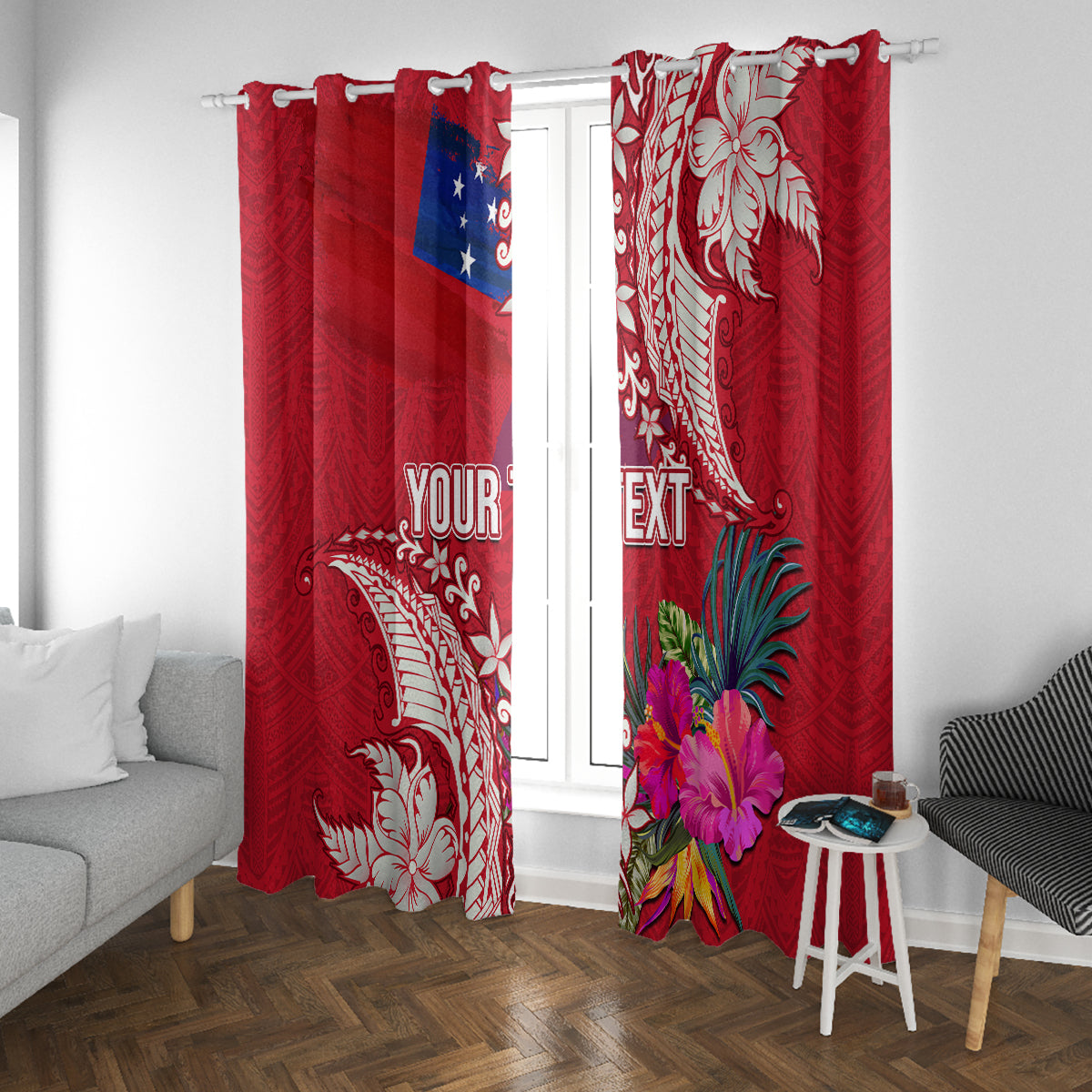 Personalised Samoa Coat Of Arms Window Curtain Tropical Flower Red Polynesian Pattern LT03 With Grommets Red - Polynesian Pride