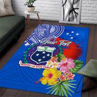Personalised Samoa Coat Of Arms Area Rug Hibiscus Polynesian Tattoo Pattern LT03 Blue - Polynesian Pride