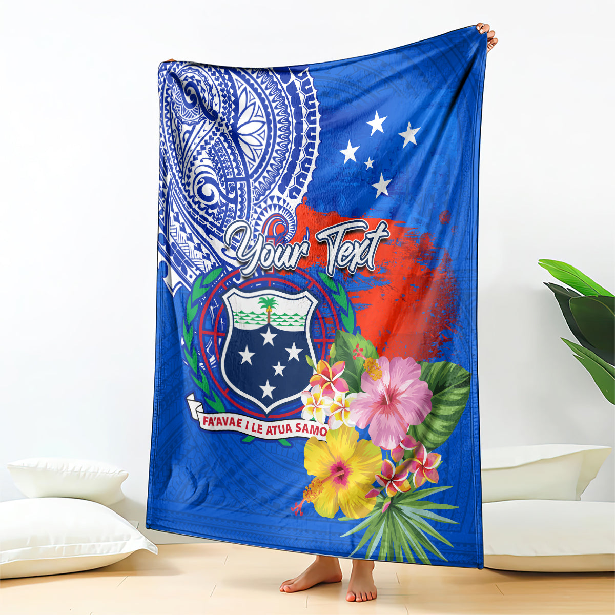 Personalised Samoa Coat Of Arms Blanket Hibiscus Polynesian Tattoo Pattern LT03 Blue - Polynesian Pride