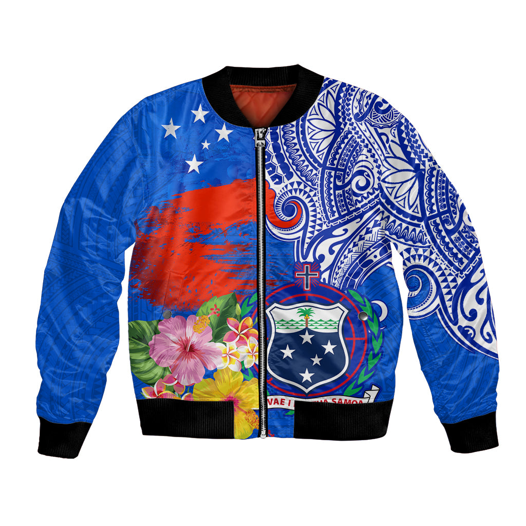 Personalised Samoa Coat Of Arms Bomber Jacket Hibiscus Polynesian Tattoo Pattern LT03 Unisex Blue - Polynesian Pride