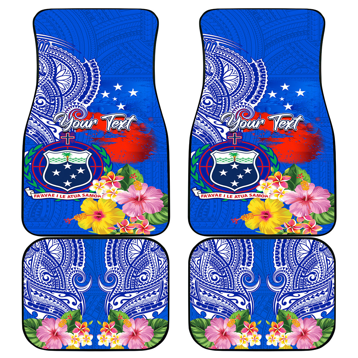 Personalised Samoa Coat Of Arms Car Mats Hibiscus Polynesian Tattoo Pattern LT03 Blue - Polynesian Pride