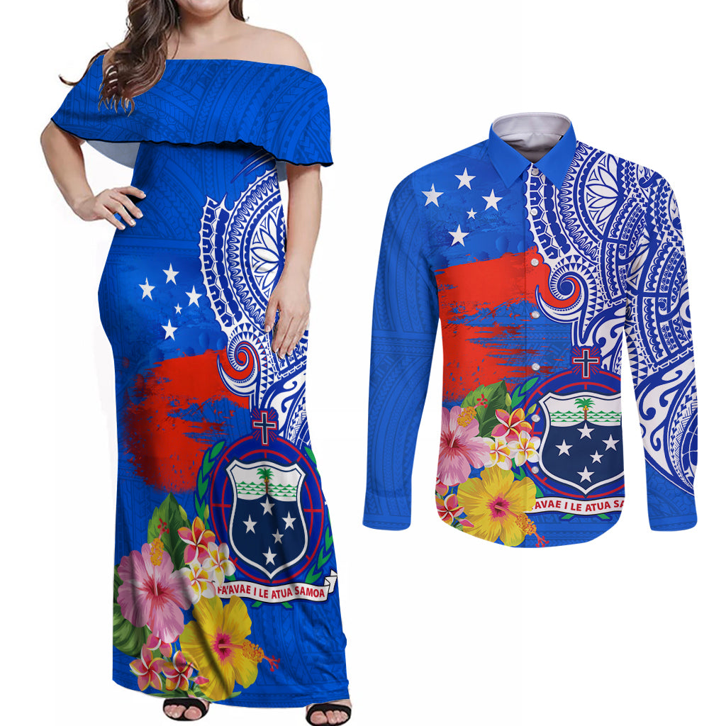 Personalised Samoa Coat Of Arms Couples Matching Off Shoulder Maxi Dress and Long Sleeve Button Shirt Hibiscus Polynesian Tattoo Pattern LT03 Blue - Polynesian Pride