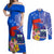 Personalised Samoa Coat Of Arms Couples Matching Off Shoulder Maxi Dress and Long Sleeve Button Shirt Hibiscus Polynesian Tattoo Pattern LT03 Blue - Polynesian Pride