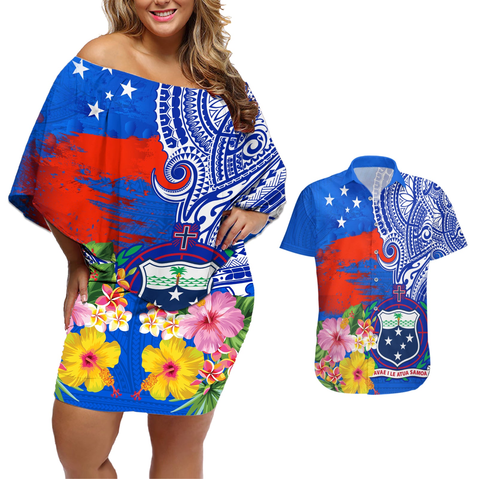 Personalised Samoa Coat Of Arms Couples Matching Off Shoulder Short Dress and Hawaiian Shirt Hibiscus Polynesian Tattoo Pattern LT03 Blue - Polynesian Pride