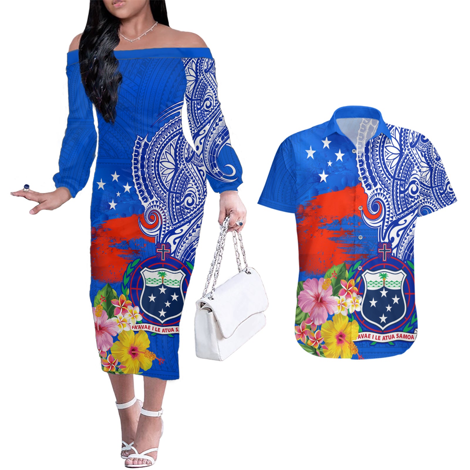 Personalised Samoa Coat Of Arms Couples Matching Off The Shoulder Long Sleeve Dress and Hawaiian Shirt Hibiscus Polynesian Tattoo Pattern LT03 Blue - Polynesian Pride