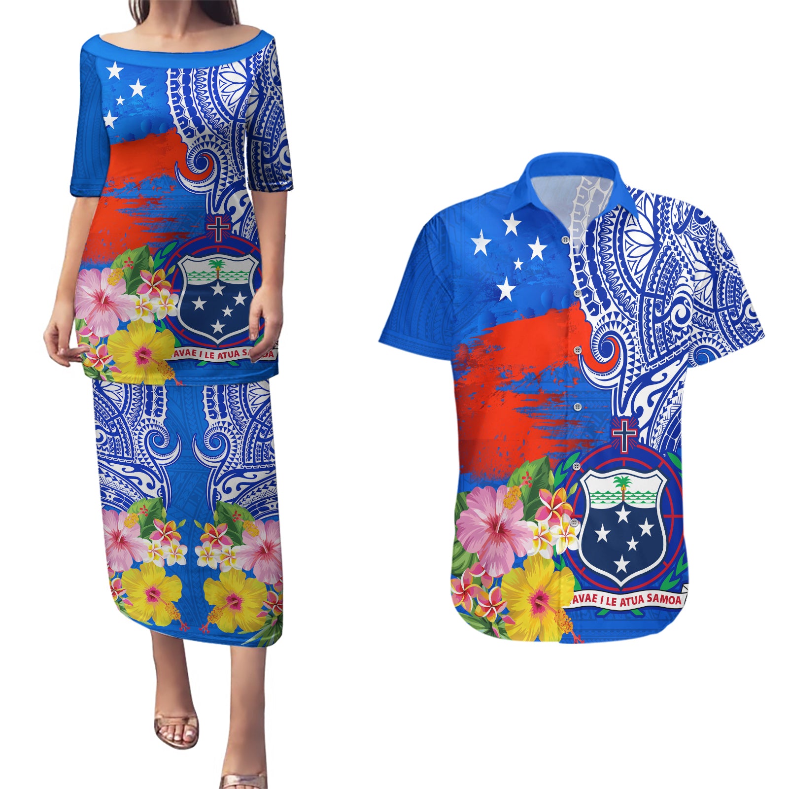 Personalised Samoa Coat Of Arms Couples Matching Puletasi Dress and Hawaiian Shirt Hibiscus Polynesian Tattoo Pattern LT03 Blue - Polynesian Pride