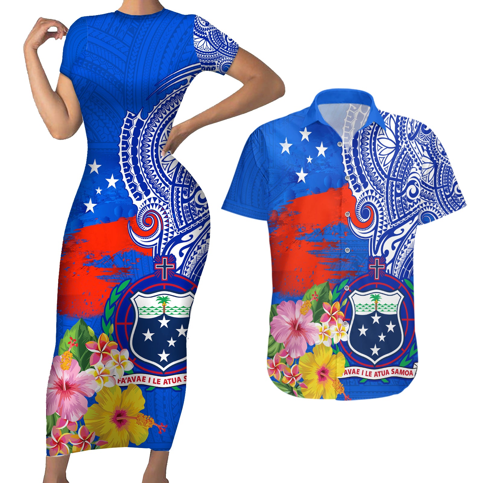 Personalised Samoa Coat Of Arms Couples Matching Short Sleeve Bodycon Dress and Hawaiian Shirt Hibiscus Polynesian Tattoo Pattern LT03 Blue - Polynesian Pride