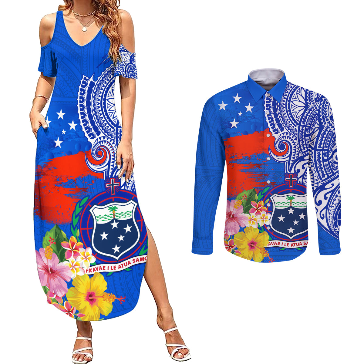 Personalised Samoa Coat Of Arms Couples Matching Summer Maxi Dress and Long Sleeve Button Shirt Hibiscus Polynesian Tattoo Pattern LT03 Blue - Polynesian Pride